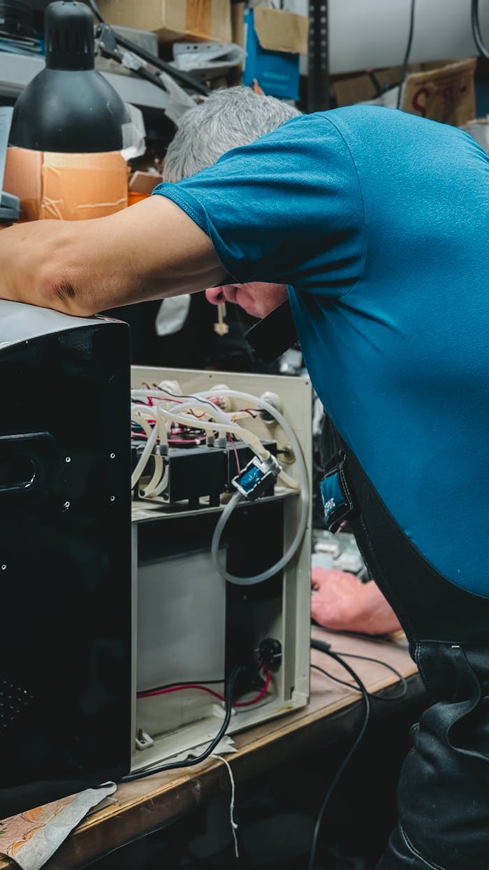 Skilled technician working on appliance repair in a cluttered workshop environment.